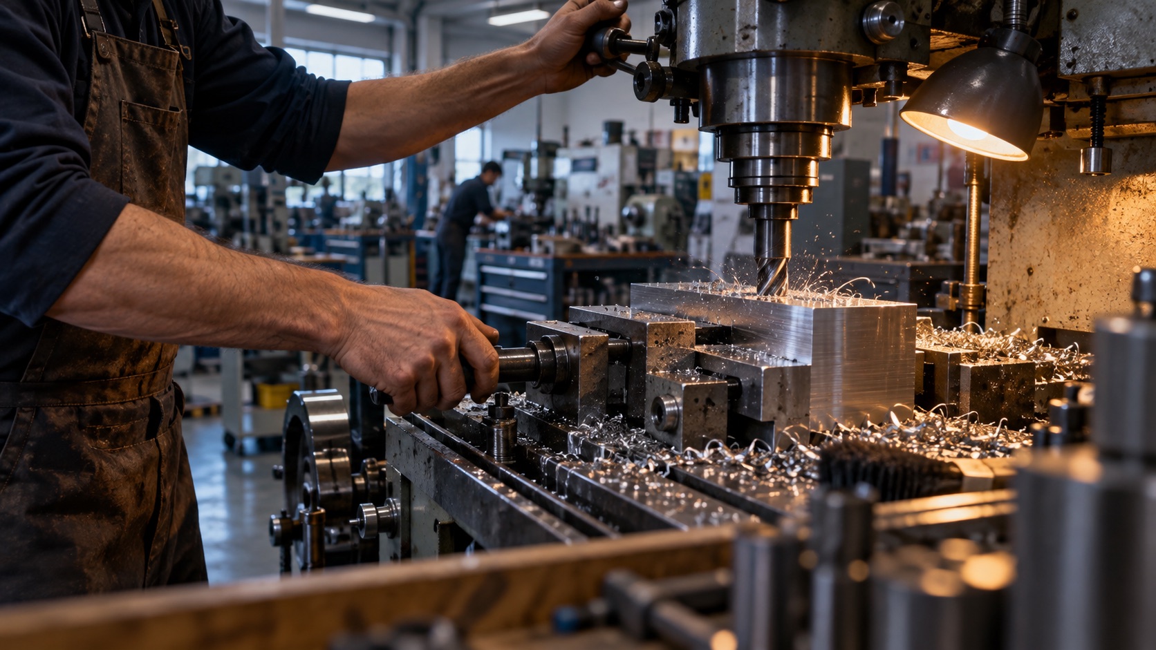 Illustration of hands working at a metal-cutting machine